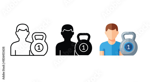 Set of icons showing a person with a kettlebell in various styles