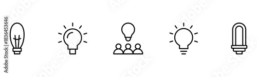 Light vector web line icons depicting light bulbs, ideas, innovation, creativity, and illumination for inspired thinking and solutions.