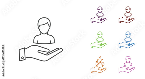 Customer care and protection icon set with hand holding person outline