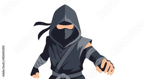 Stealthy Warrior: A lone figure of a ninja, cloaked in black attire and hidden eyes, poised for action, embodying the mystery and agility of the ancient martial art.