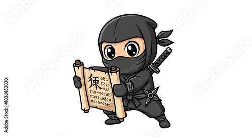 Ninja's Scroll: A stylized illustration of a ninja engrossed in studying a traditional scroll, with focused demeanor and readiness. 