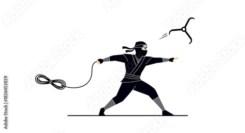 Shadow Warrior in Action: A stealthy ninja, poised for combat, skillfully wields a throwing star and a chain weapon, embodying the art of shadow warfare.