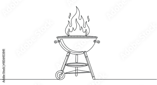 A minimalist line drawing of a classic charcoal barbecue grill with vibrant flames rising from its grate