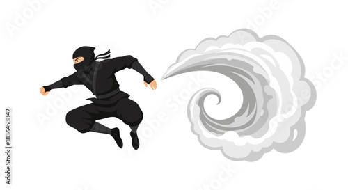 Dynamic Ninja: A skilled ninja in traditional attire leaps dynamically, executing a swift maneuver with stylized smoke trail effect.