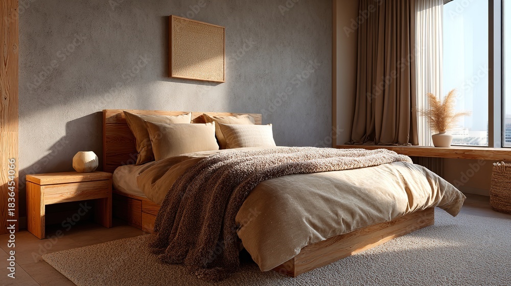 Obraz premium Serene Bedroom Sanctuary: A beautifully designed bedroom showcasing natural light, and the inviting warmth of the room invites peace and tranquility. 