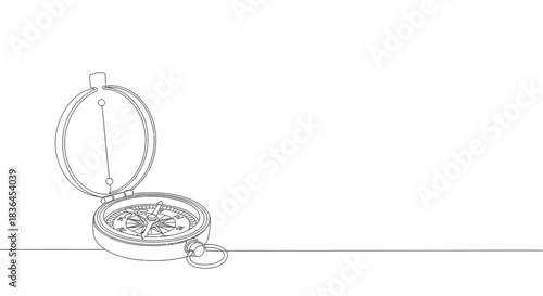 A minimalist line drawing of an open antique compass with a detailed face resting on a horizontal line against a white background