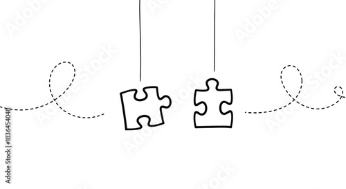 Two simple black outlined puzzle pieces hang suspended by thin strings against a clean white background with dotted lines