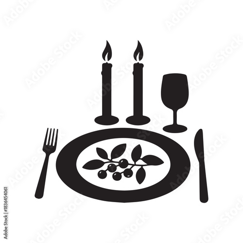 Elegant candlelit dinner setting with fine dining tableware and decorative festive elements.