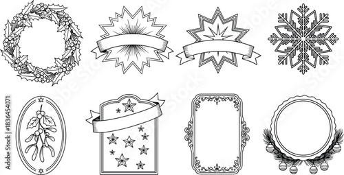 Holiday, decorative, frames, labels, wreath, banners, snowflake, mistletoe, stars, vintage, borders, blank, templates, festive, winter, ornament, outline, artwork