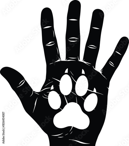 Human hand silhouette with animal paw print symbolizing pet care, connection, rescue support, friendship, unity and compassion