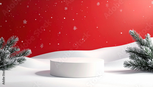 Winter snow scene with frosted pine branches and white round podium on snowy surface against red background with falling snowflakes, creating festive and calm atmosphere