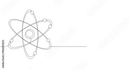 Minimalist single line drawing of an atom with orbiting electrons on a white background representing scientific discovery