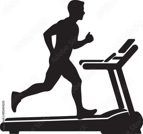 Silhouette of a person running on a treadmill, an exercise machine for fitness and workout