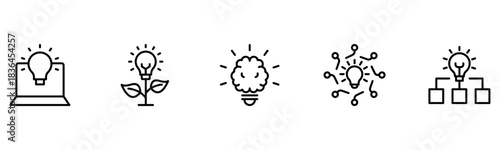 Light vector web line icons depicting light bulbs, ideas, innovation, creativity, and illumination for inspired thinking and solutions.