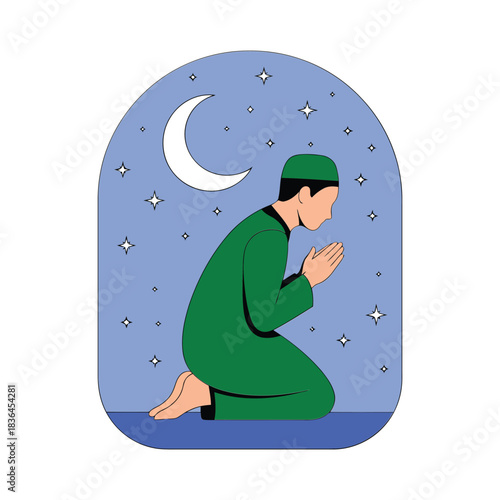 Muslim man praying to Allah under a starry night sky with a crescent moon, symbolizing faith and devotion