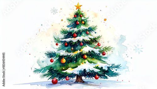 Christmas tree decorated with colorful baubles and golden star on top, covered with snow, painted in festive watercolor style with soft winter background