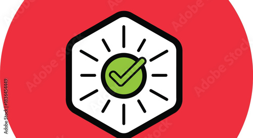 Bright green checkmark inside a sunburst icon on a red circle