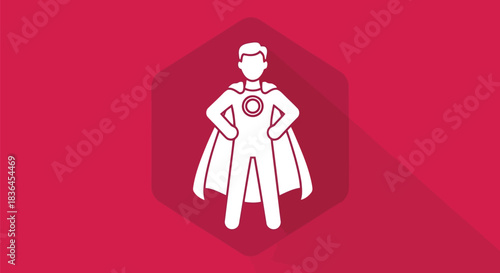 White superhero icon with cape standing proudly inside a magenta hexagon