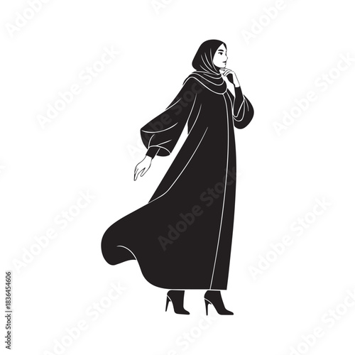 Elegant Muslim Woman Wearing a Flowing Abaya and Hijab in Minimalist Black Illustration.