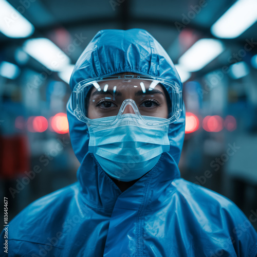A close-up photograph of a healthcare worker in full protective gear against a blurred industrial background.