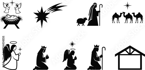 Nativity, silhouette, collection, featuring, holy, family, angels, shepherds, wise, men, star, manger, camels, Christmas, scene, religious, festive, artwork
