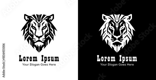 Lion head logo design with front view and modern geometric style