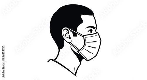 Side profile illustration of a man wearing a protective face mask isolated on