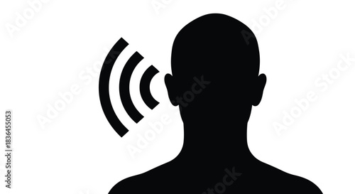 Silhouette of a persons head showing sound waves emanating from the ear isolated on