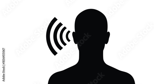 Silhouette icon of a person hearing sound wave signal near ear isolated on