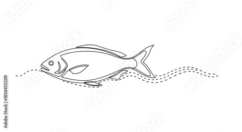 Minimalist single line drawing of a fish swimming gracefully through stylized dashed water waves on a white background