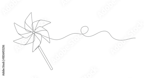 Minimalist single line drawing of a pinwheel toy with a swirling string trailing off into the distance