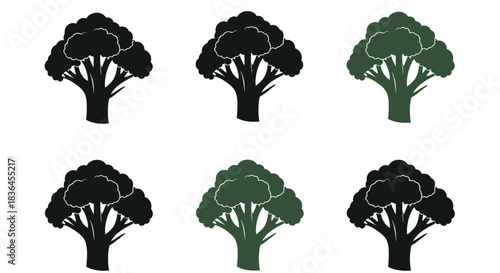 Set of six simple graphic illustrations of broccoli florets in black and dark green colors on a white background