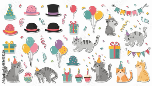 Adorable Cats Celebrating Birthday Party with Festive Decorations and Gifts.