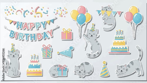 Cute Cat Birthday Party Elements Collection.