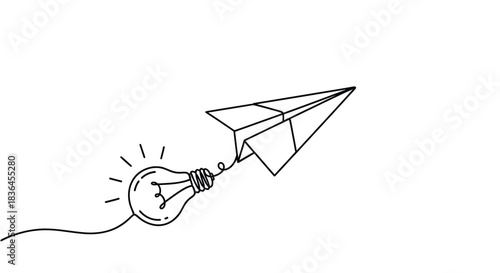 Conceptual illustration of a paper airplane connected to a light bulb symbolizing innovation and creative ideas taking flight
