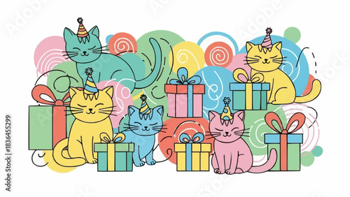 Adorable cartoon cats celebrating a birthday with presents.