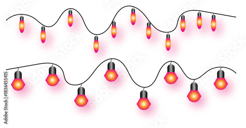 Two strings of warm glowing holiday lights on a white background perfect for festive decorations celebrations and adding a cozy atmosphere to designs and projects