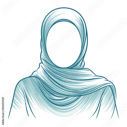 Stylized line drawing of a faceless Muslim woman wearing a traditional hijab headscarf. Anonymous portrait of modest Islamic fashion