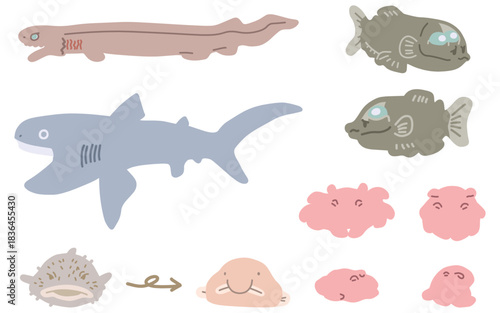 シンプルにデフォルメしたメンダコやサメなどの深海生物イラストセット