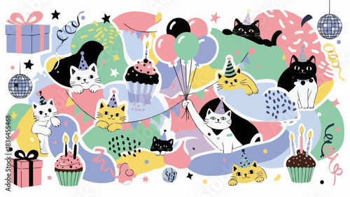 Cats Celebrating Birthday Party with Balloons Cupcakes and Gifts.