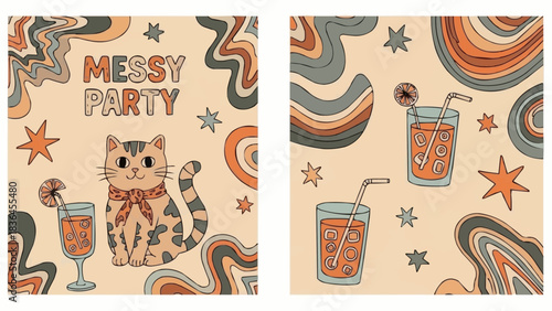Retro Messy Party with Cat and Drinks Illustration.