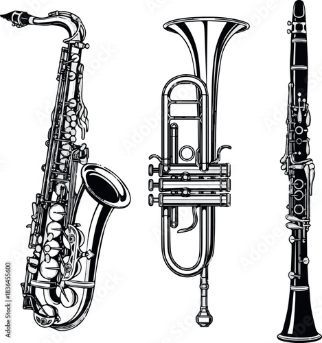 Create Black and white saxophone trumpet clarinet vector illustration musical instruments set on white background.