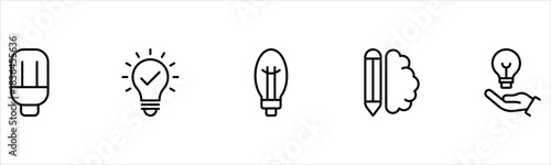 Light vector web line icons depicting light bulbs, ideas, innovation, creativity, and illumination for inspired thinking and solutions.