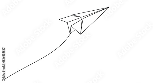Minimalist single line drawing of a paper airplane soaring upwards with a trailing curved line on a clean white background