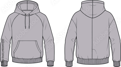Grey hoodie front and back flat sketch, unisex sweatshirt template with kangaroo pocket, detailed fashion apparel technical drawing for clothing designers