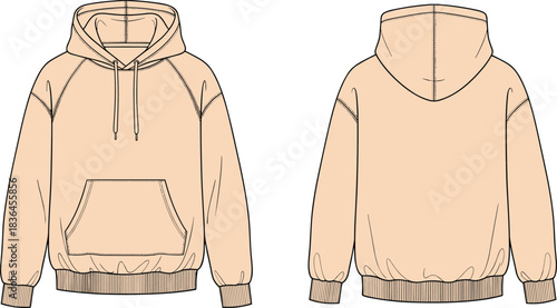 Beige hoodie front and back flat sketch, unisex sweatshirt template with kangaroo pocket, fashion apparel technical drawing for clothing designers