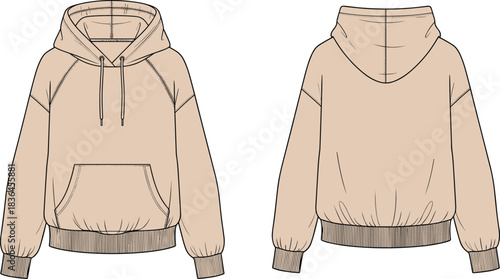 Minimalist beige hoodie front and back technical drawing, casual fashion sweatshirt template, unisex apparel design, vector garment illustration for designers
