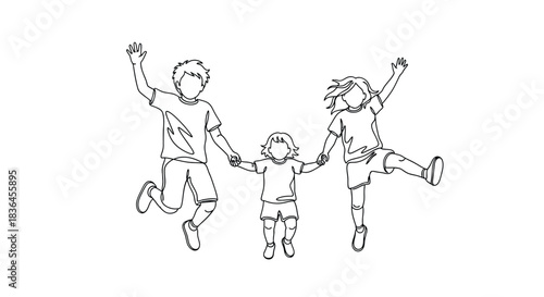 Three joyful children holding hands and jumping in the air with arms raised in a continuous line drawing style