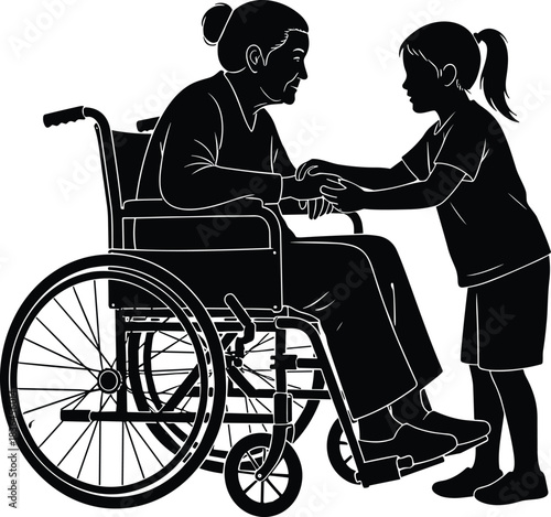 Silhouette child comforting woman in wheelchair, family support and caregiving illustration representing love, compassion, disability and assistance