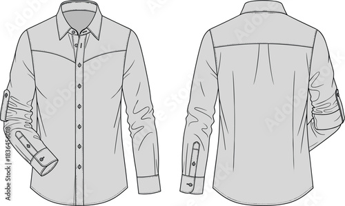 Long sleeve button-up shirt technical flat sketch with front and back views, collar, cuffs, yoke, darts, and pleat detail